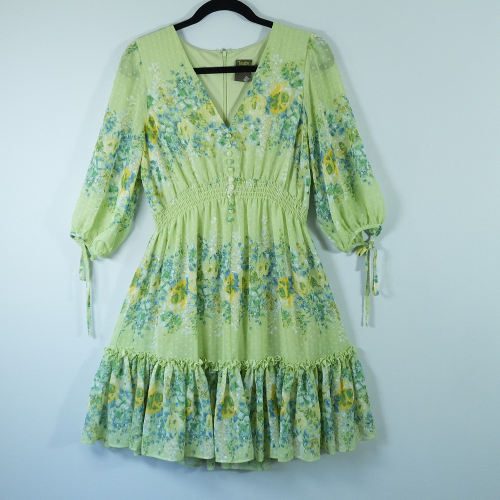 Taylor Lime Green Floral Swiss Dot Smocked Mini Dress Puff Sleeve Cottagecore 6